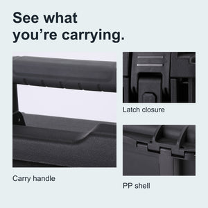 Real close-up photographs of the black FR2 carry handle, latch and PP shell.