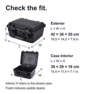 FR2 exterior 42 by 36 by 20 cm and case cavity 38 by 29 by 18 cm, in length width height order.