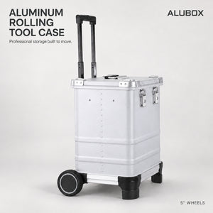 ALUBOX silver aluminum-magnesium rolling tool case with telescopic handle and 5-inch wheels