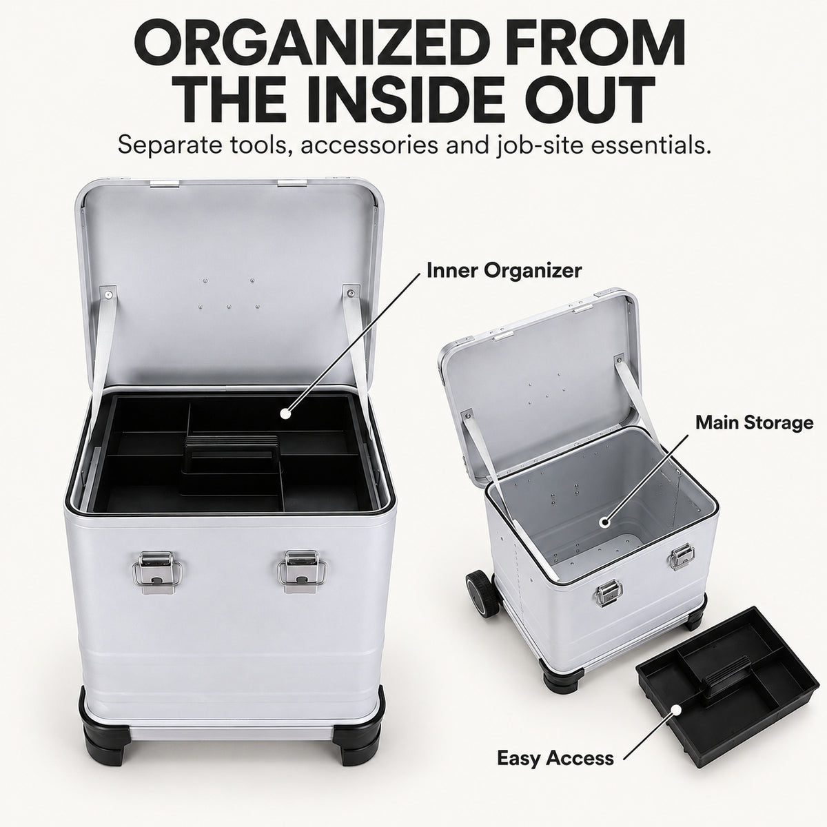 Open tool case showing removable black compartment organizer and main storage
