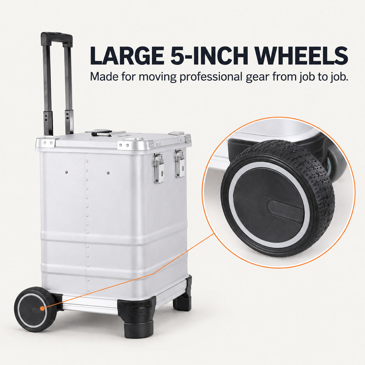 Actual 5-inch wheel detail on ALUBOX rolling tool case