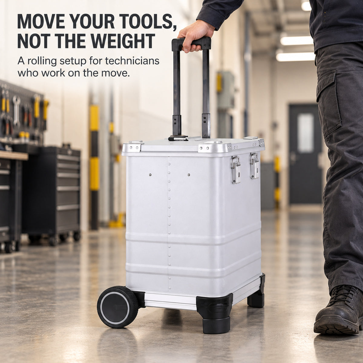 Technician with ALUBOX rolling tool case in service corridor