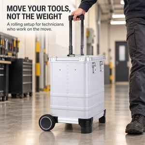 Technician with ALUBOX rolling tool case in service corridor