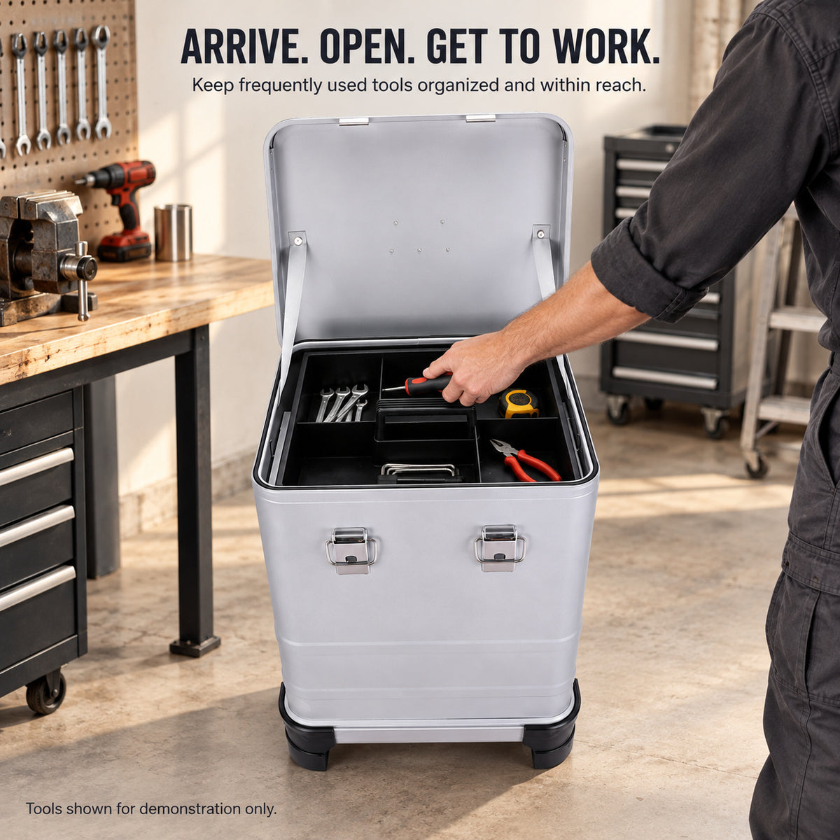 Open case at workshop; demonstration tools not included