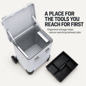 Removable black organizer beside open silver tool case