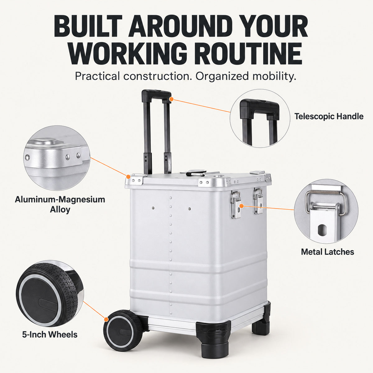 Aluminum-magnesium case, telescopic handle, latches and 5-inch wheel construction