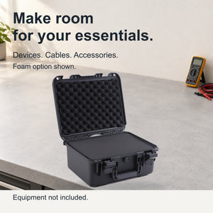 Open black FR2 foam case on a workbench with display equipment outside the case.