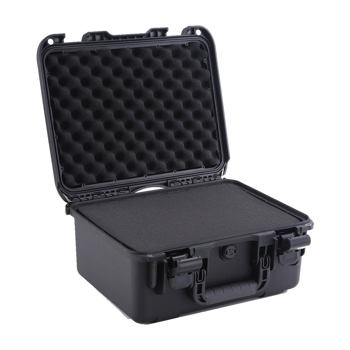 Black FR2 case with the lid open, showing the included foam interior.