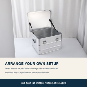 Open aluminum tool storage case with customizable interior space