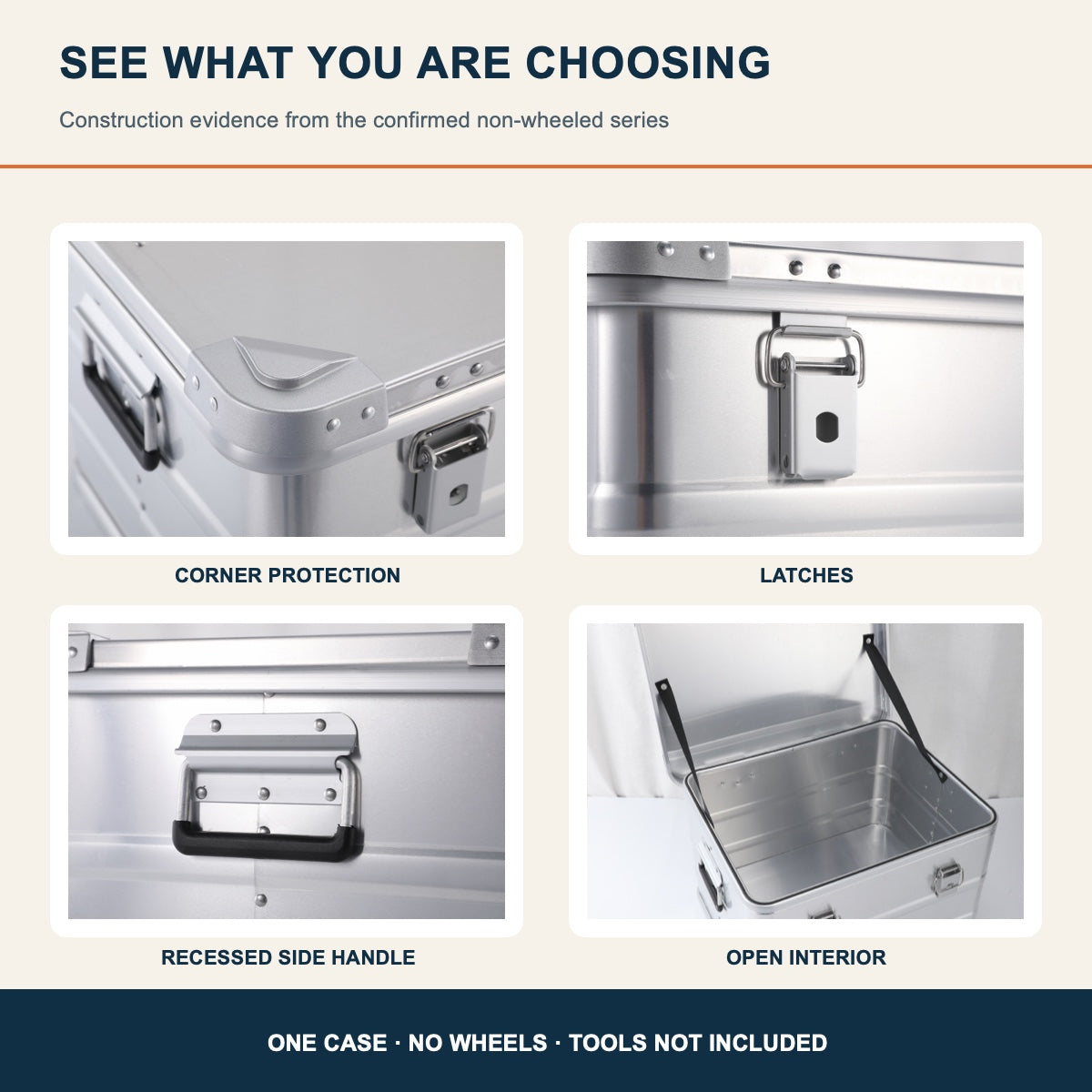 Aluminum case shell latches corners and open interior details