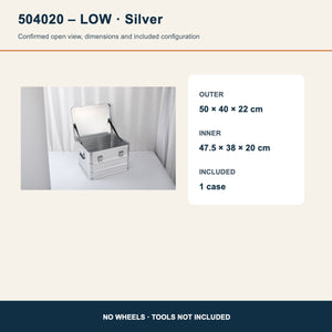 504020 low silver open aluminum case dimensions